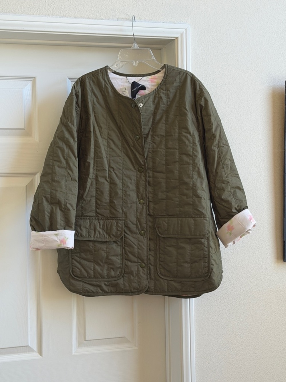 Sanctuary Olive Green Quilted Puffer Jacket with flower print NWT